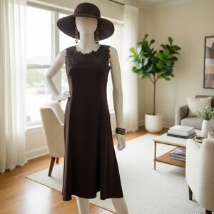 Adrianna Brown Satin & Lace Appliqué Knee Length Cocktail Dress – Size 4